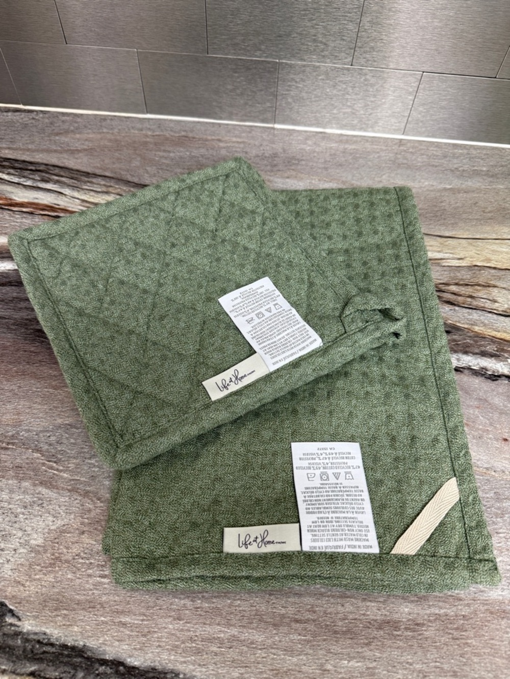 Sage green tea towel and pot holder set